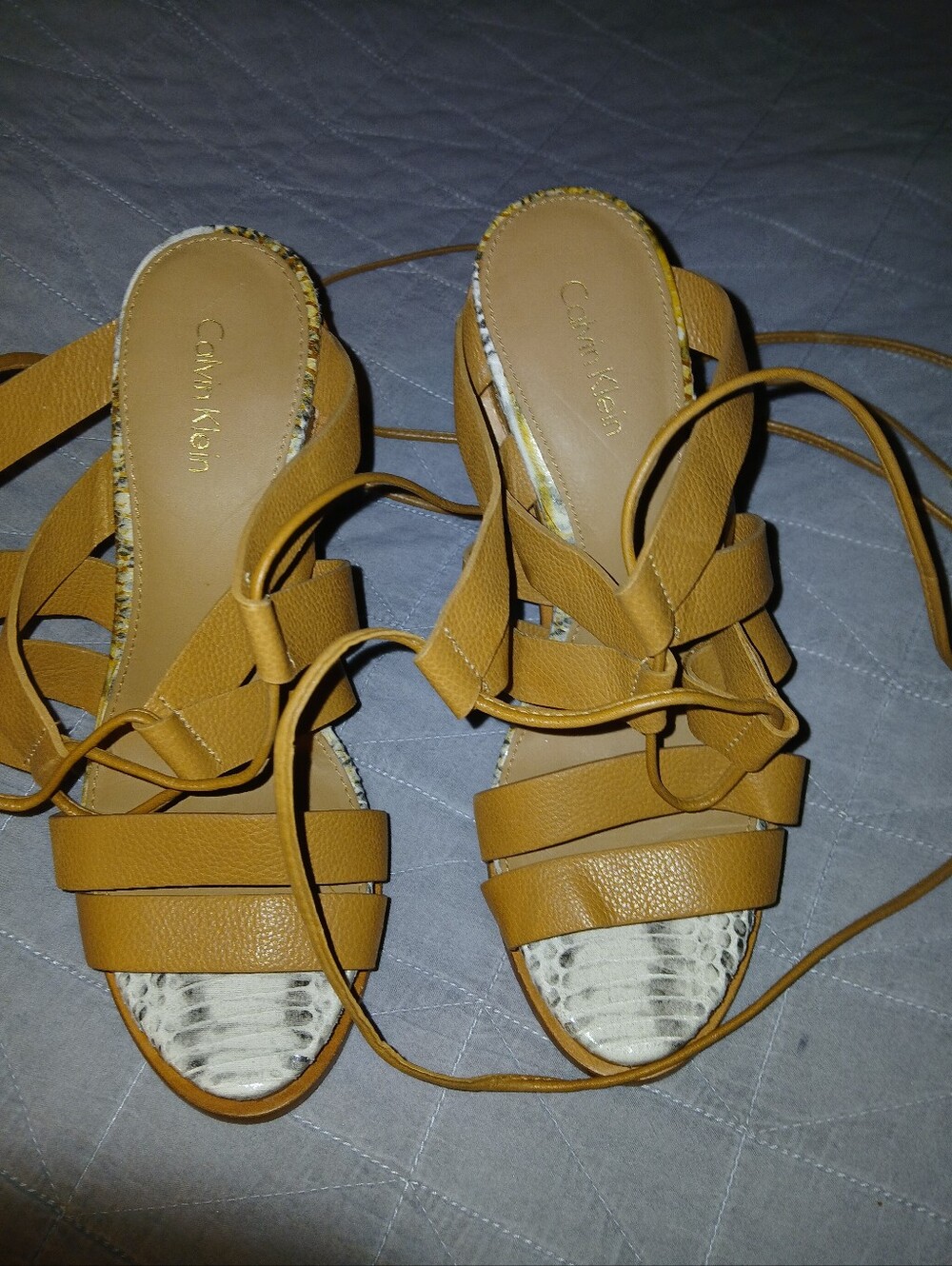 Calvin Klein Mustard Tan Wrap-Strap Sandals